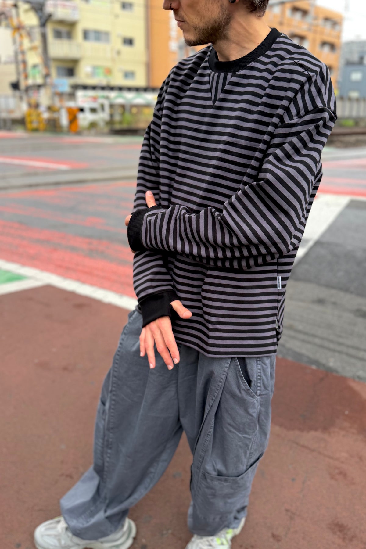 Striped Long Sleeve Tee with Thumbholes