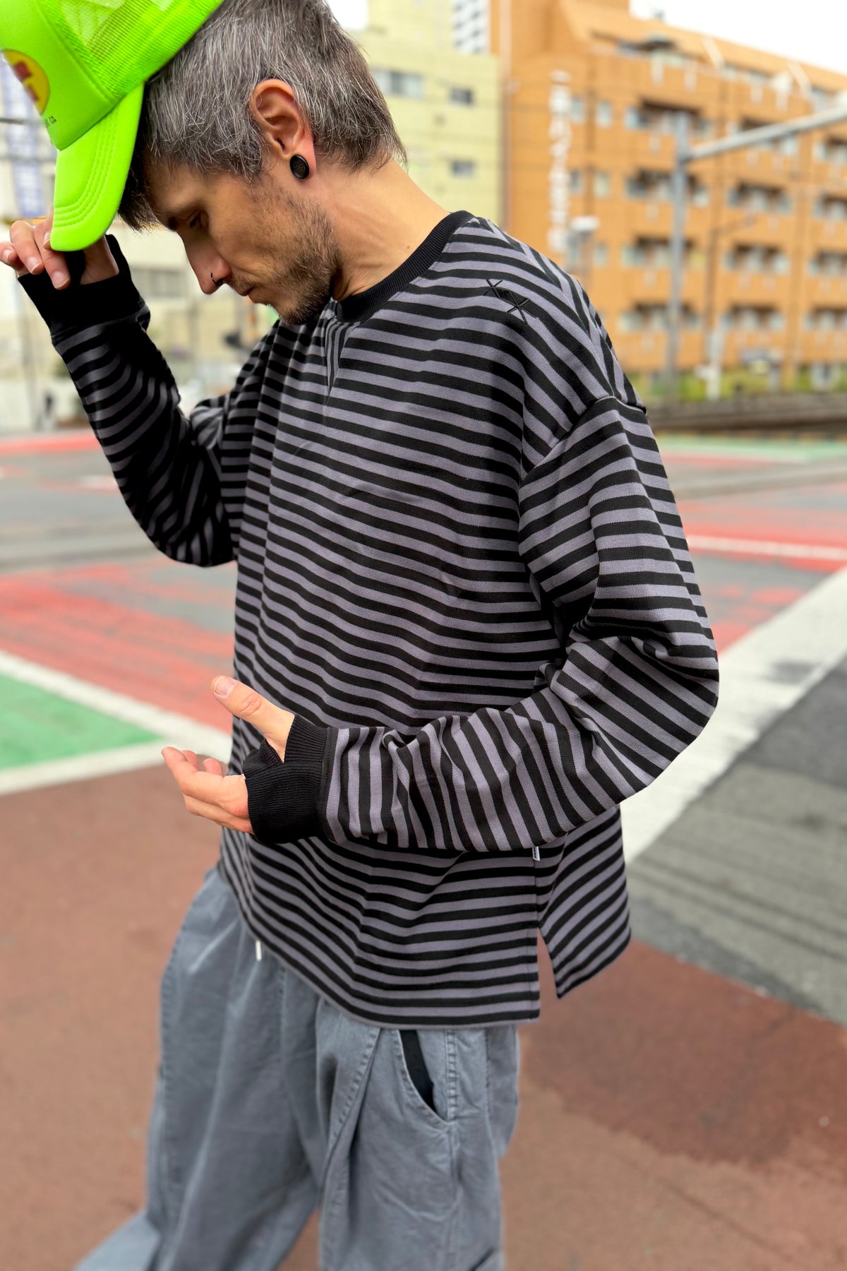 Striped Long Sleeve Tee with Thumbholes